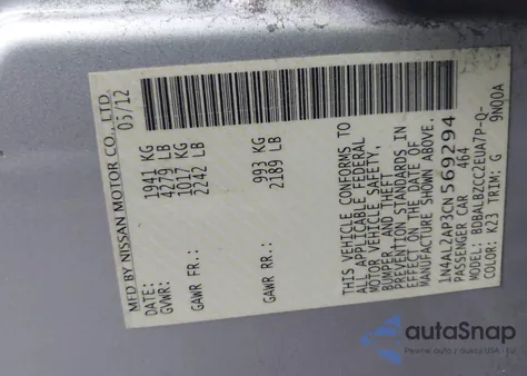 2012 Nissan Altima 2.5 S from USA, damaged, VIN 1N4AL2AP3CN569294